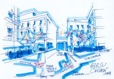 Scopri di più sull'articolo (1984) – Vele su Chiaia -Allestimento festivo per la scena urbana. Associazione commercianti – Via dei Mille – Napoli
